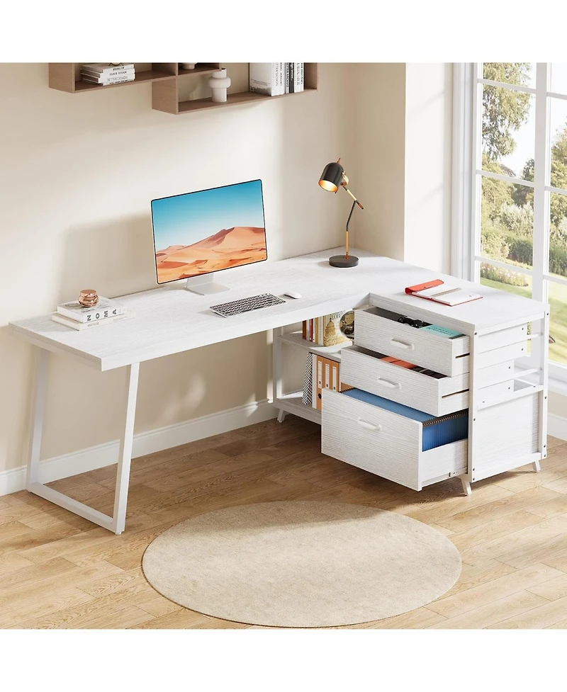 Tribesigns 53" L-Shaped Desk with 3 Drawers and Shelves