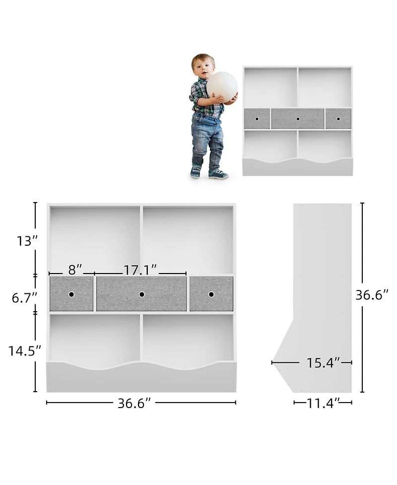 gaomon 2Pcs White Kids Toy Storage Organizer Shelf with 7 Compartments and 3 Fabric Drawers, Wooden Bookcase Cabinet for Playroom Bedroom Hallway