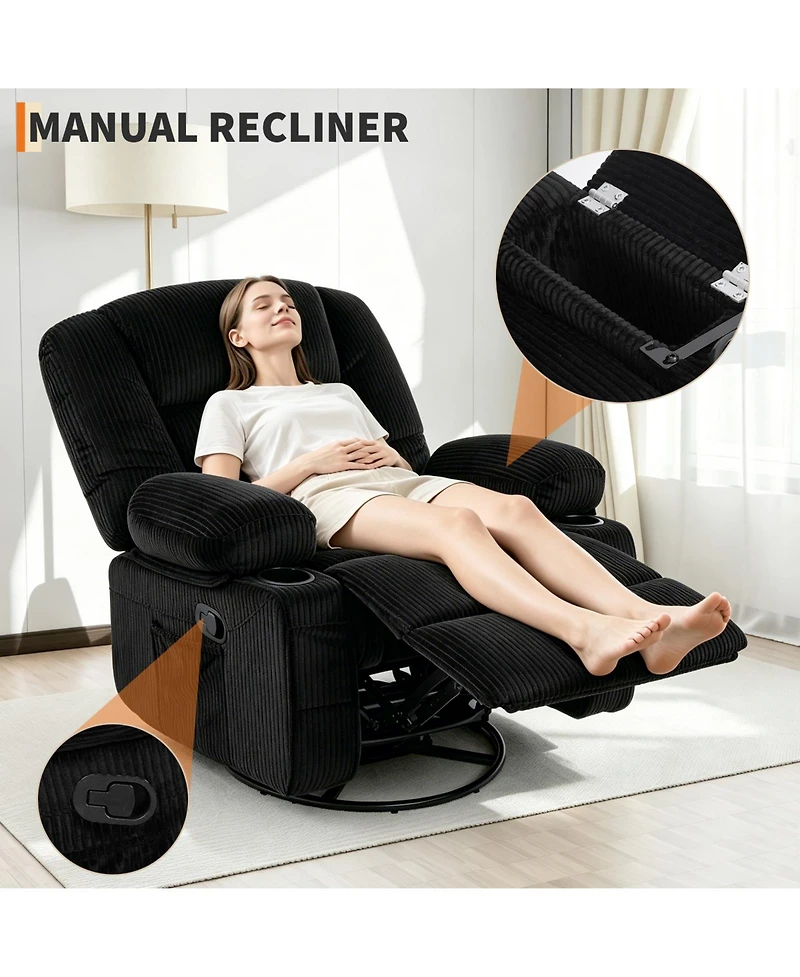 gaomon Oversized Corduroy recliner Chair with Massage and Heat,360degree(s) Swivel Rocker