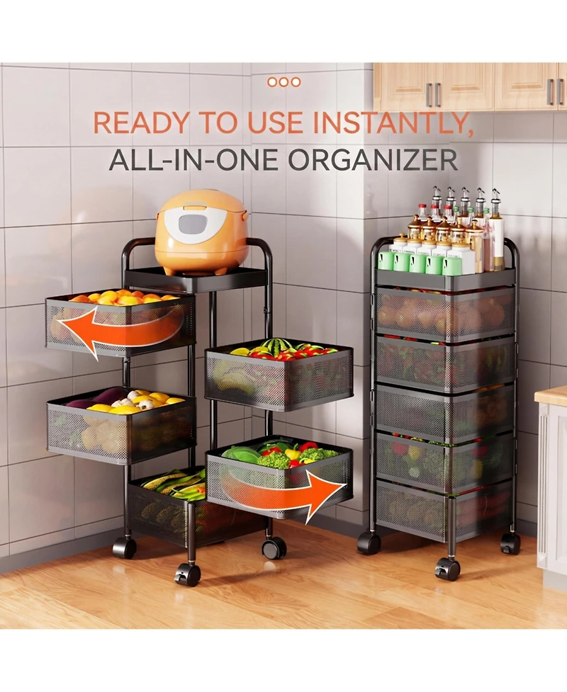 gaomon 5-Tier Thickened Carbon Steel Rotating Kitchen Storage Cart with Wheels, Mobile Utility Rack with Top Lid, Fruit Vegetable Basket, No Assembly