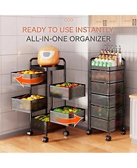 gaomon 5-Tier Thickened Carbon Steel Rotating Kitchen Storage Cart with Wheels, Mobile Utility Rack with Top Lid, Fruit Vegetable Basket, No Assembly