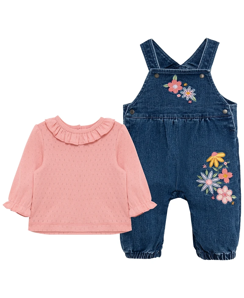Little Me Baby Girls' Round Neck Top and Flowers Overall, 2-Piece Set