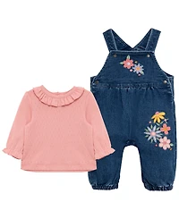 Little Me Baby Girls' Round Neck Top and Flowers Overall, 2-Piece Set