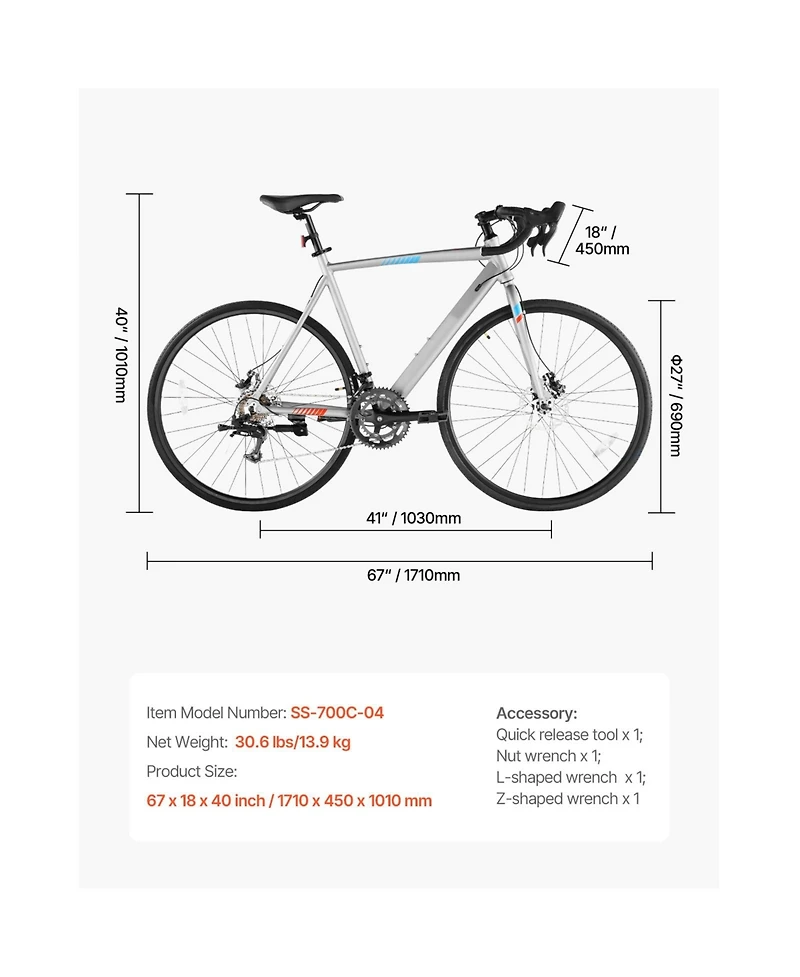 Sevorley 700C Road Bike with 14-Speed Drivetrain, Drop Bar and Disc Brakes