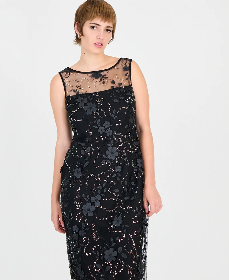 Connected Women's Floral-Print Sequin Boat-Neck Sheath Dress