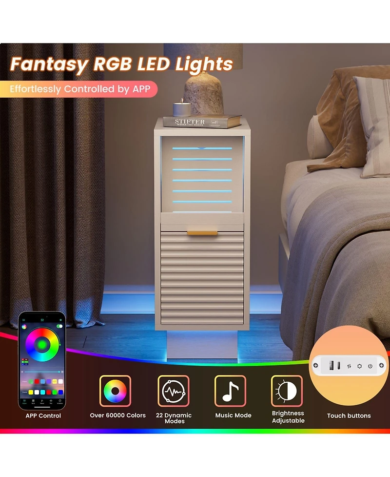 Hausource Fluted 2-Piece Modern Nightstand Set with Led Lights and Usb-c Charging
