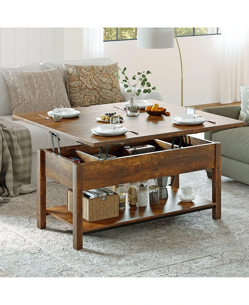 Hausource Lift Top Coffee Table with Dual Design, Hidden Storage and Open Shelf