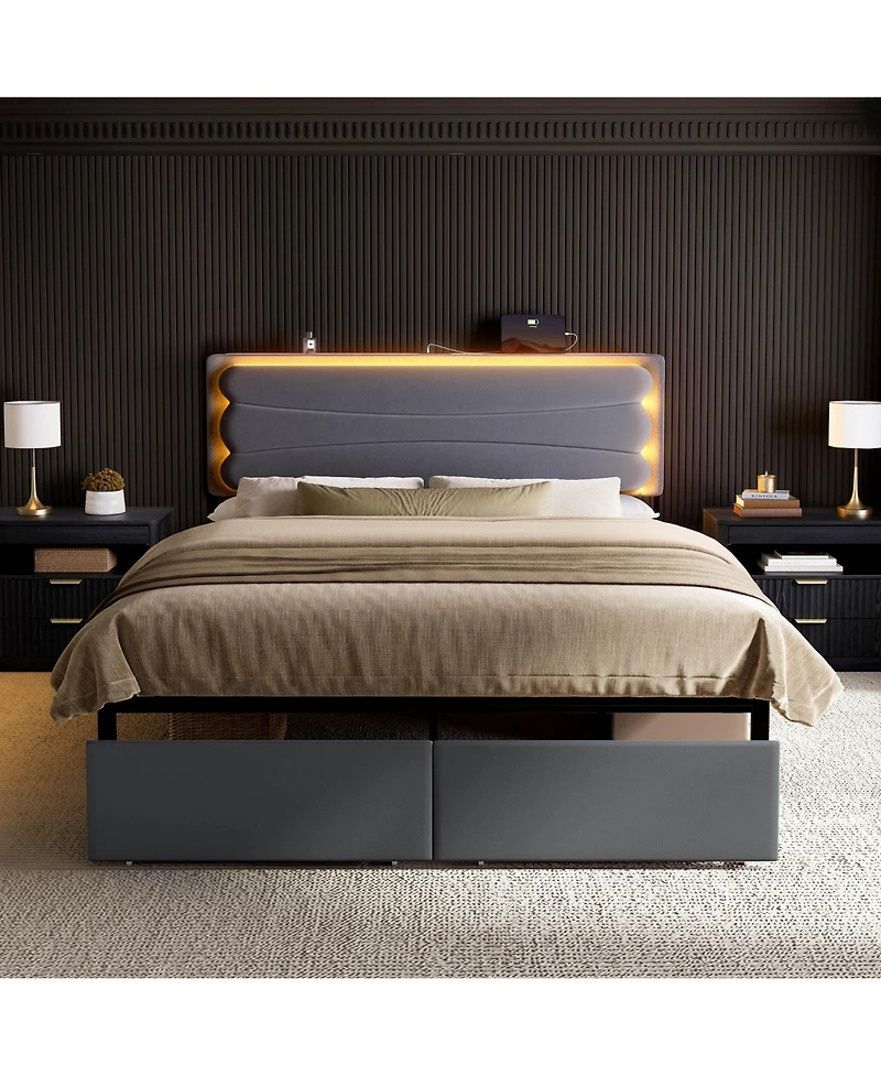 Hausource Velvet Upholstered Bed, Adjustable Height Headboard, 2 Storage Drawers, Led Light and Charging Ports