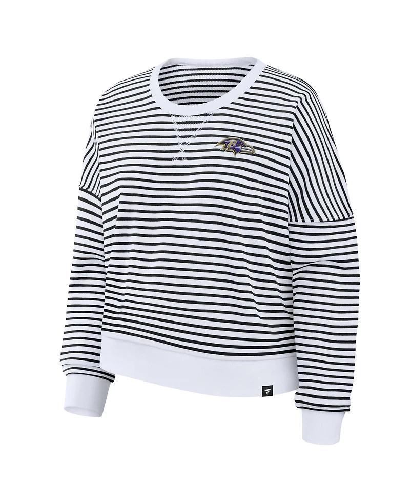 Women's Fanatics White/Black Baltimore Ravens Striped Oversized French Terry Sweatshirt