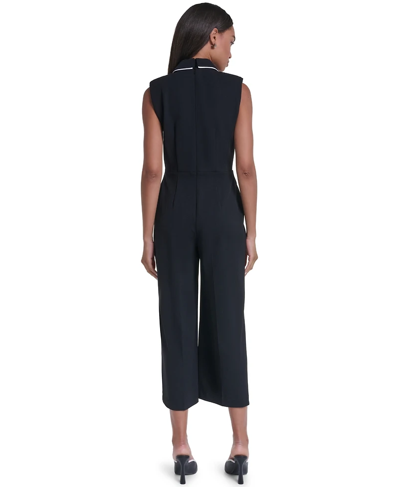 Karl Lagerfeld Paris Women's Scuba Crepe Sleeveless Collared Wide-Leg Jumpsuit
