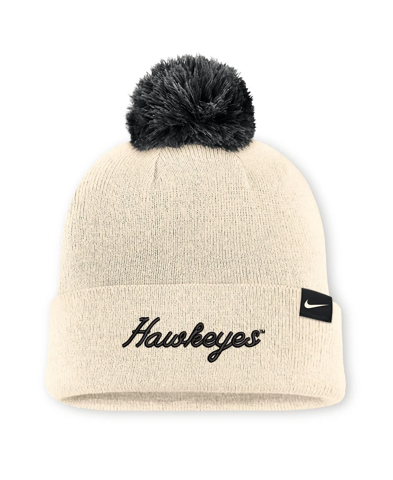 Men's and Women's Nike Natural Iowa Hawkeyes Campus Prep Script Cuffed Knit Hat with Pom