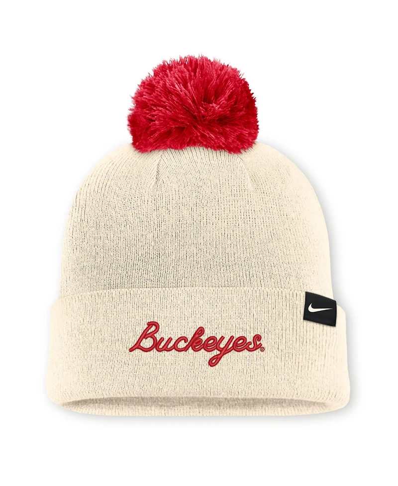Men's and Women's Nike Natural Ohio State Buckeyes Campus Prep Script Cuffed Knit Hat with Pom