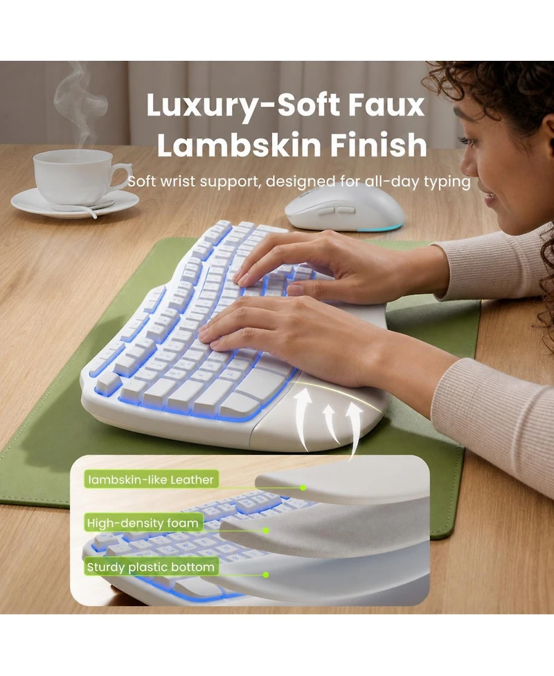 Lofree Wireless Keyboard Mouse Combo Rechargeable 4000mAh Faux Lambskin Palm Rest Backlit Ergonomic