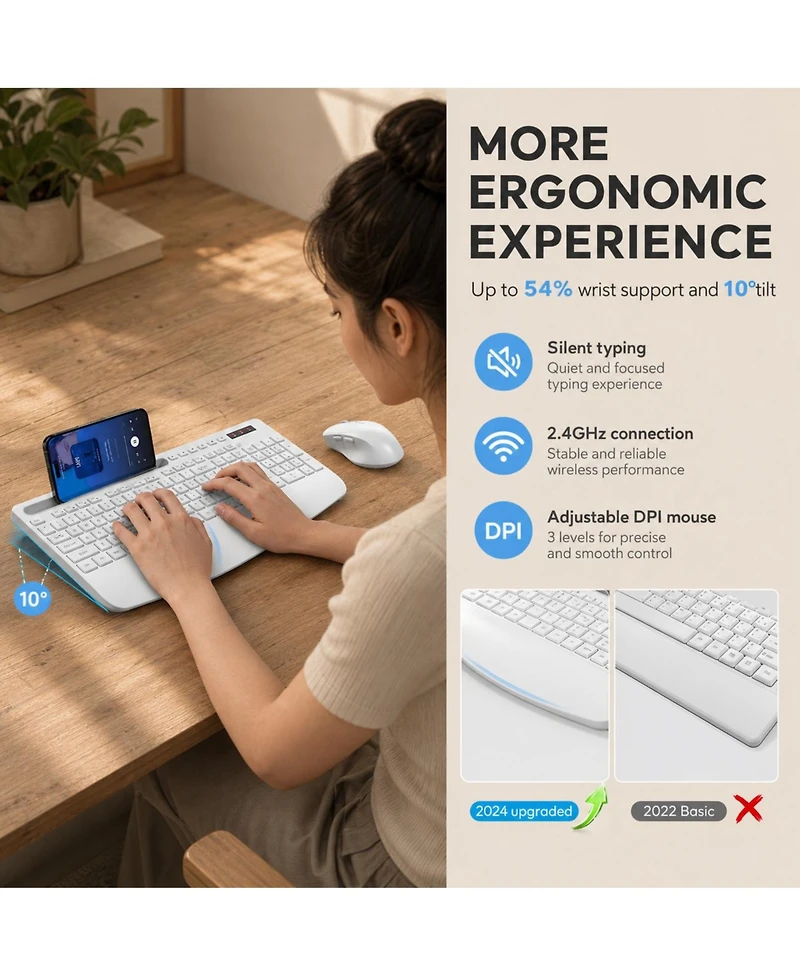 Lofree Wireless Ergonomic Keyboard and Mouse Combo, 3-Level Dpi, Compatible with Mobile Devices and Computers