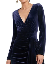 Mac Duggal Women's Velvet Long Sleeve Wrap Gown with Draped Sash