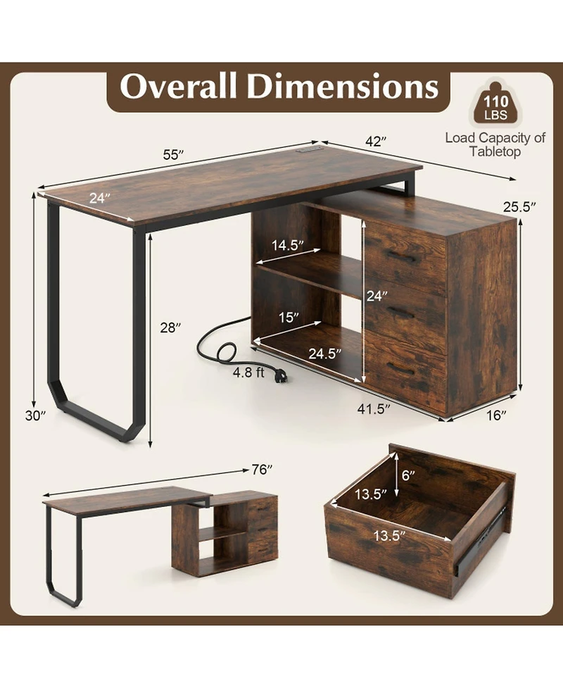 Sugift 55-Inch Reversible L-Shaped Desk with 3 Drawers and Adjustable Shelf