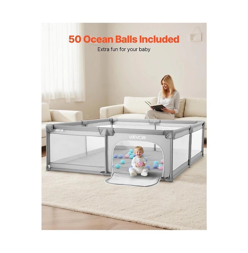 Slickblue Extra Large Baby Activity Center with Safety Play Fence, 50 Ocean Balls, Indoor Outdoor Use