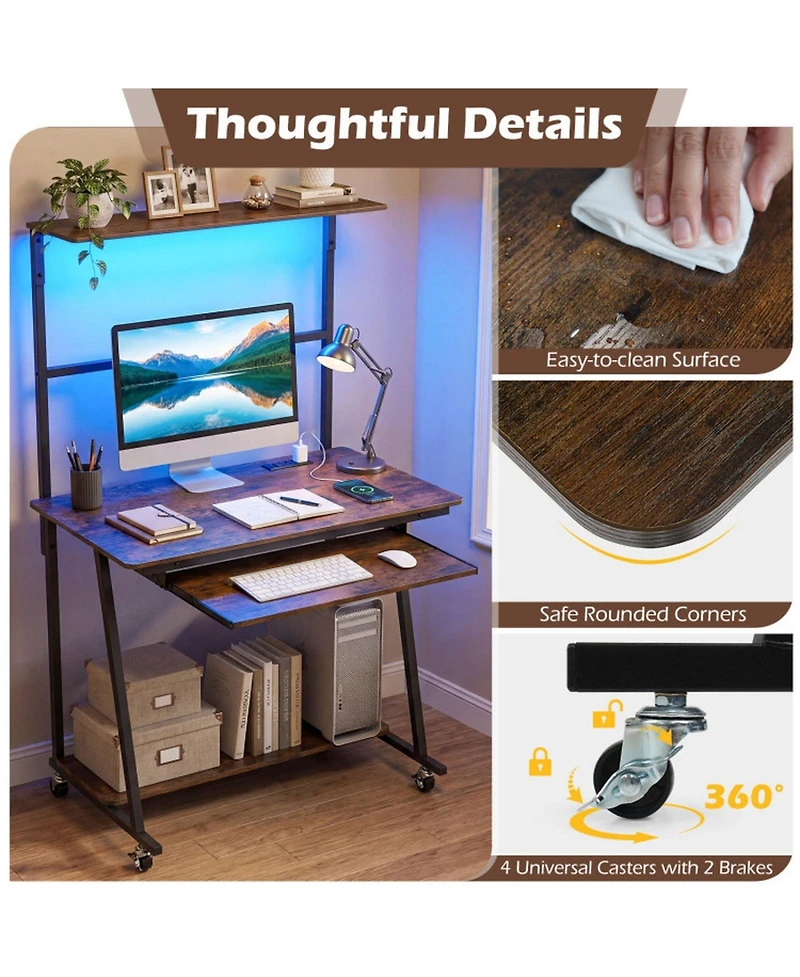Sugift Small Rolling Computer Desk with Charging Station and Led Lights