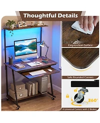 Sugift Small Rolling Computer Desk with Charging Station and Led Lights