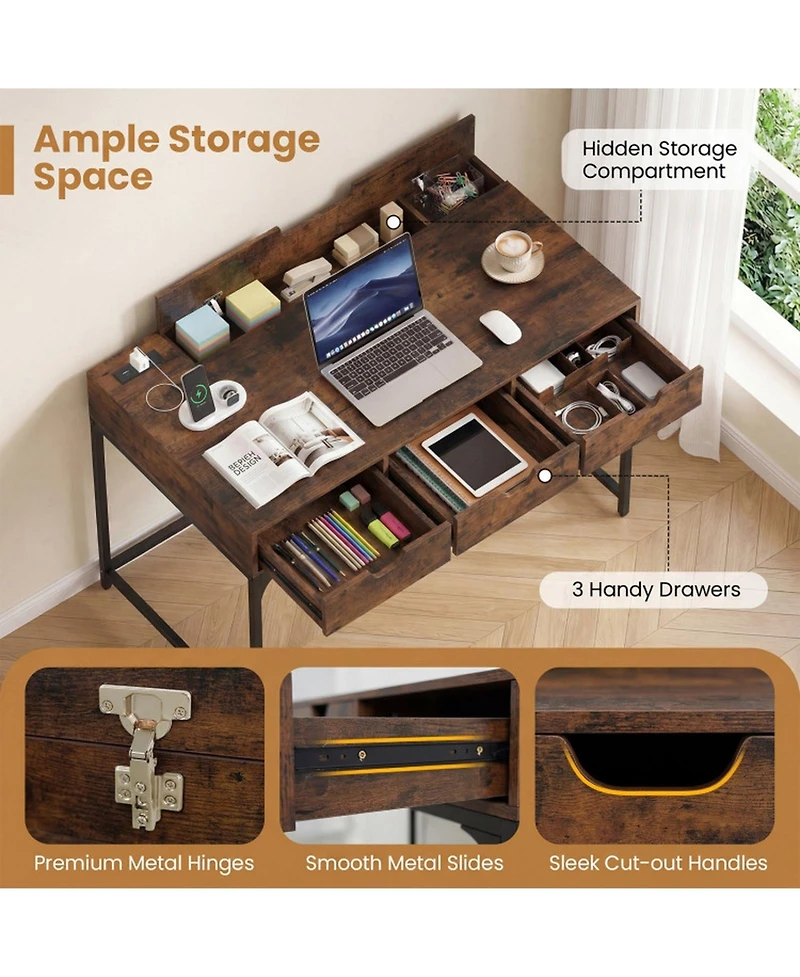 Sugift Office Writing Desk with Power Outlets and Hidden Compartment