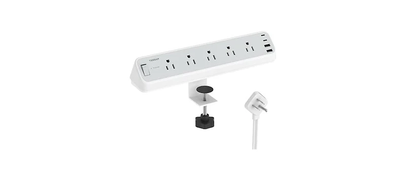 Tessan PS06 Surge Protector Desk Clamp 10-Foot Power Strip with 5 Outlets and 2 Usb-c Ports for phones, tablets and personal devices