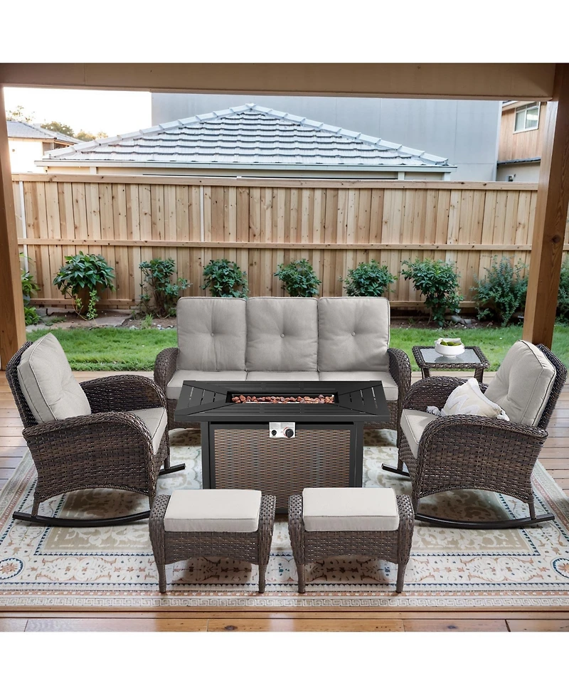 Bellefurn 7-Piece Outdoor Wicker Nighttime Conversation Set for Family Gatherings and Cozy Backyard Nights with Sofa, Rocking Chairs Ottomans