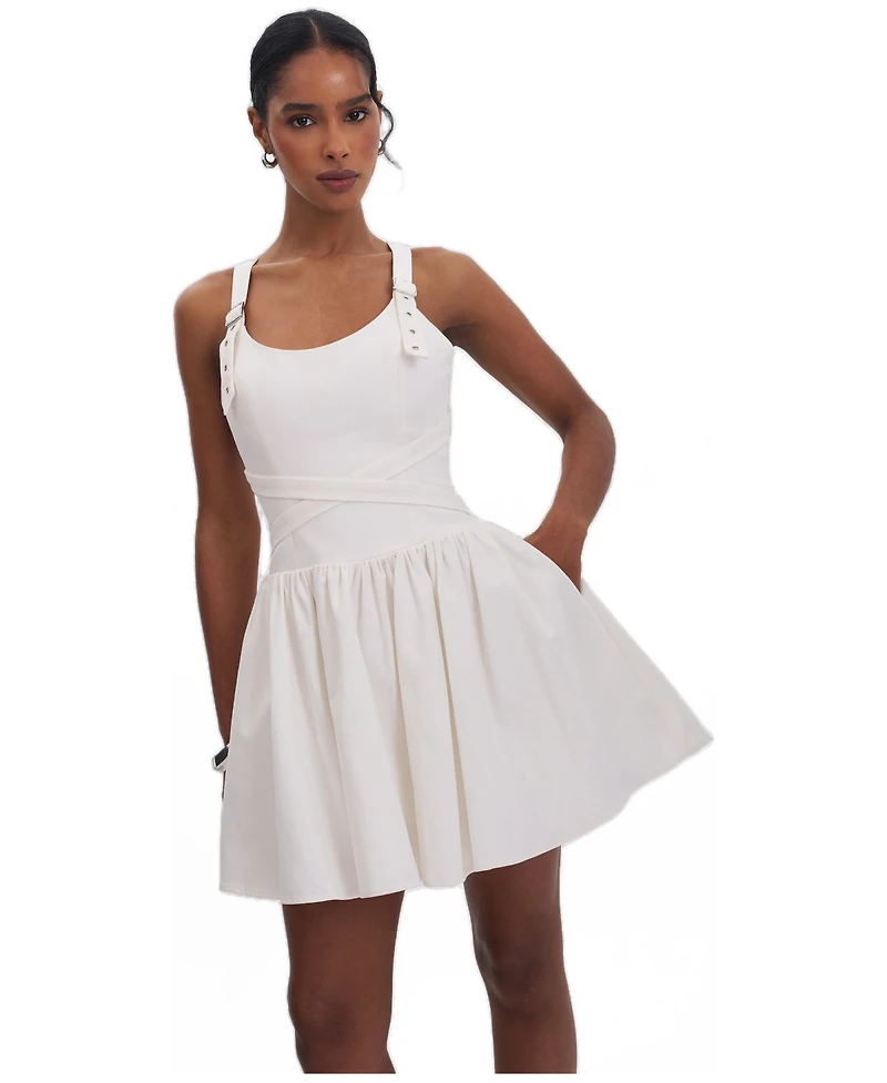 Miss Circle Women's Francine White Cotton Denim Crossover Strap Mini Dress