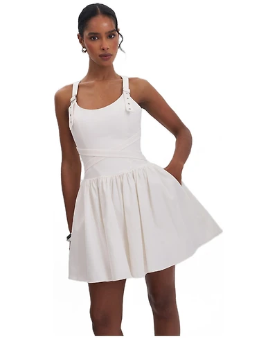 Miss Circle Women's Francine White Cotton Denim Crossover Strap Mini Dress
