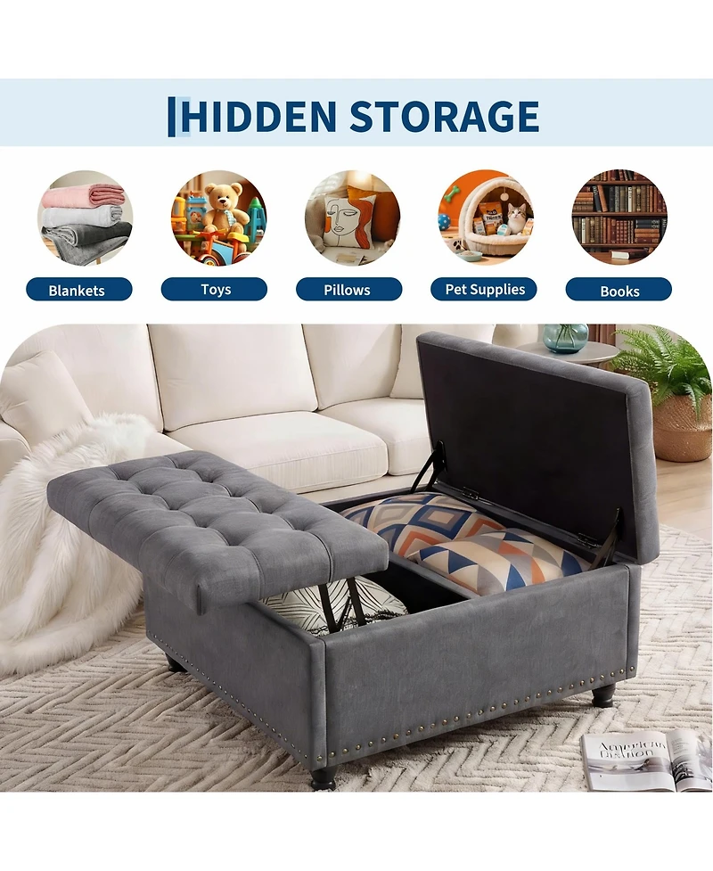 35in Square Storage Ottoman Bench with Flip-Up Seat, Linen Fabric Upholstered Bed Bench with Hidden Storage, Rubberwood Legs, Gray