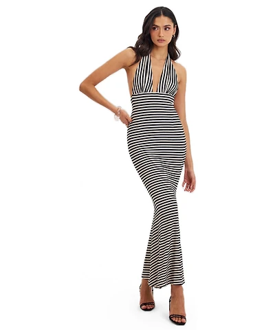 Miss Circle Women's Hannah Almond and Black Lyocell Jersey Striped Mermaid Maxi Dress