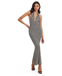 Miss Circle Women's Hannah Almond and Black Lyocell Jersey Striped Mermaid Maxi Dress