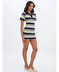 Miss Circle Women's Whitley Navy and Ivory Pique Cotton Striped Collared Mini Dress