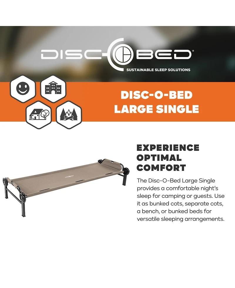Disc-o-Bed Single Cot, Portable Sleep Solution for Tents and Cabins, Tan, Large
