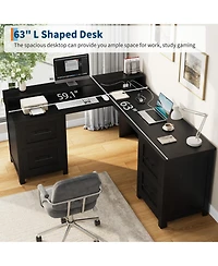 L-Shaped Executive Desk, 63" Corner Computer Desk with 4 File Drawers, Monitor Stand, Built-in Power Outlets, Workspace Organization