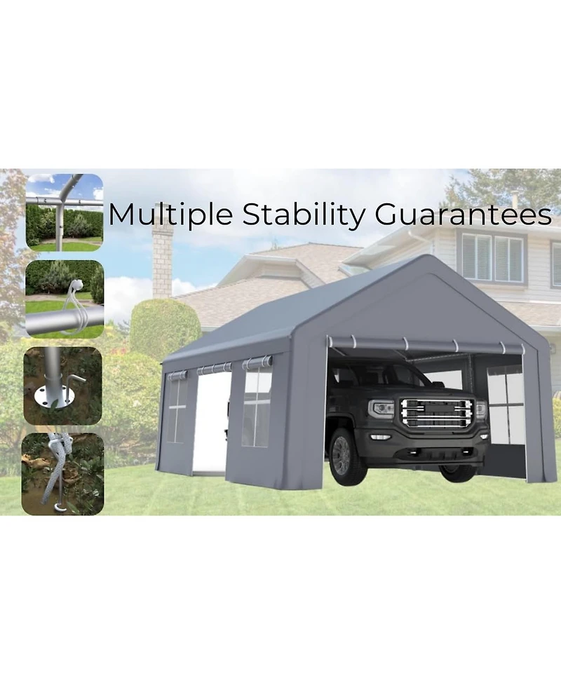 13 x 20 Ft Carport with 3 Doors 5 Windows, Heavy Duty Steel Frame Pe Fabric Car Canopy Garage for Car Truck Suv Outdoor Parking