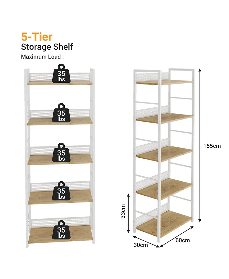 24x12x61 in 5-Tier Steel Storage Shelf, Engineered Wood Shelves, Diamond Mesh Back, for Living Room Kitchen Office, White/Black