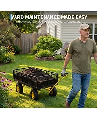 43x20x22 in Steel Garden Dump Cart, Yard Wagon with Removable Sides, 180 Degree Swivel Handle, 10 in Tires, for Backyard Patio, Green/Yellow