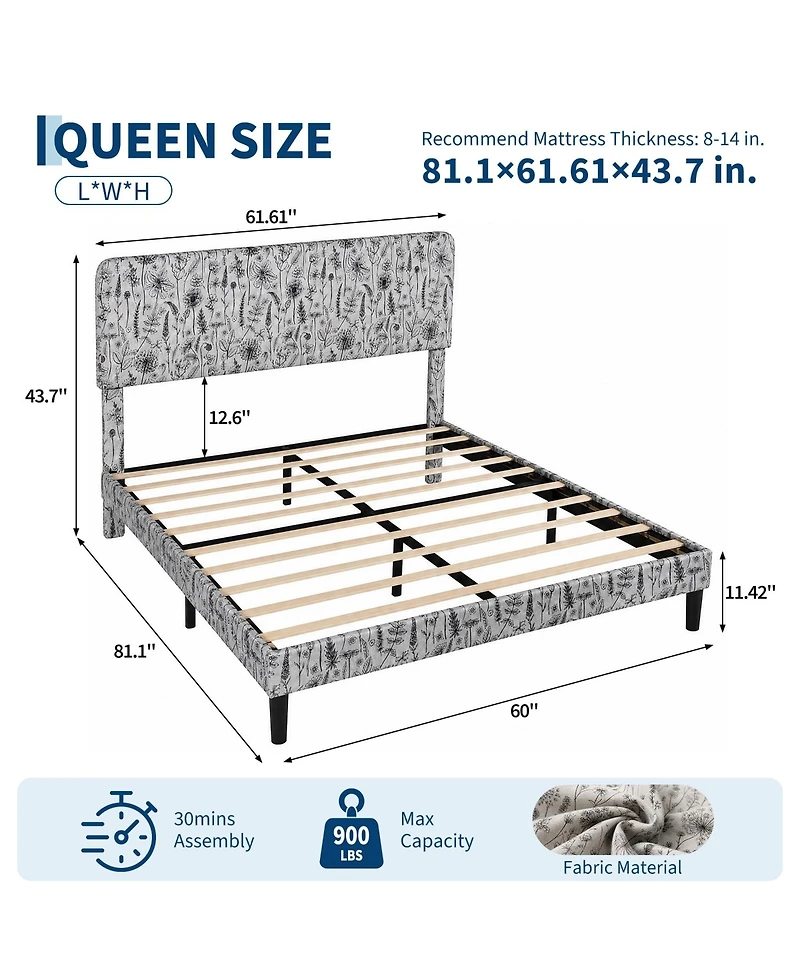 Queen/Full Upholstered Bed Frame with Floral Pattern Headboard, Flannel Fabric Engineered Wood Platform Bed for Bedroom