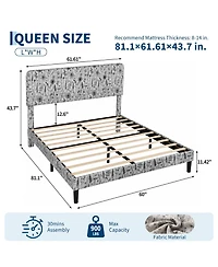 Queen/Full Upholstered Bed Frame with Floral Pattern Headboard, Flannel Fabric Engineered Wood Platform Bed for Bedroom
