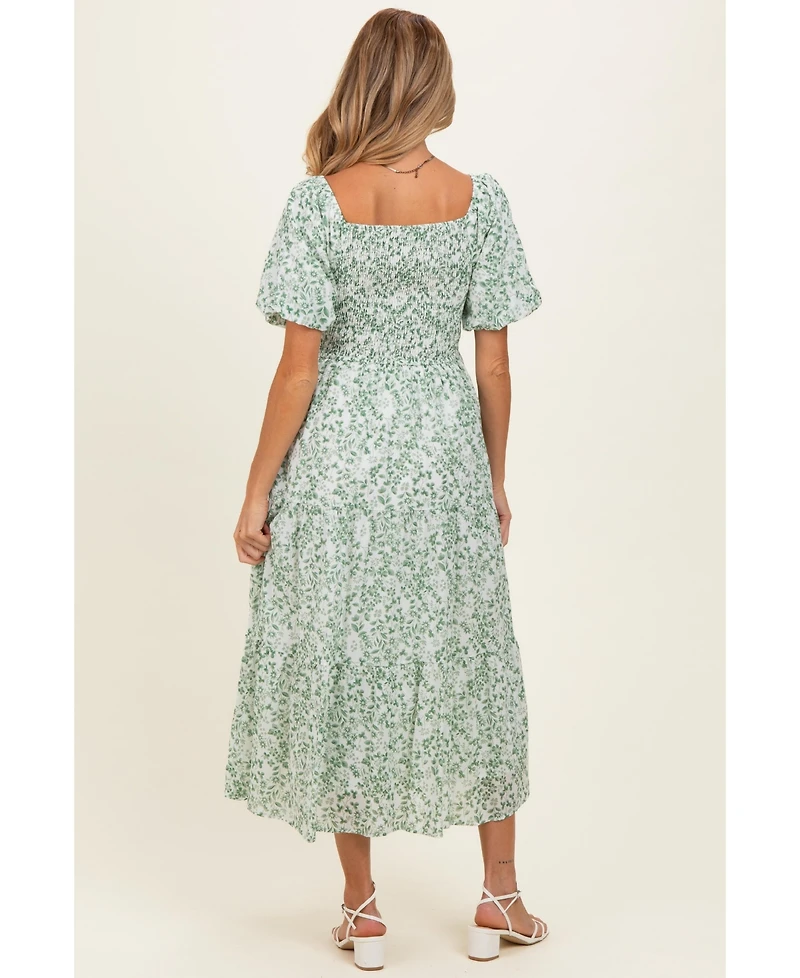 Pinkblush Women's Green Floral Smocked Short Sleeve Midi Dress