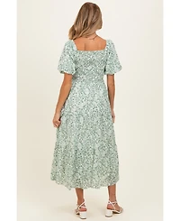Pinkblush Women's Green Floral Smocked Short Sleeve Midi Dress