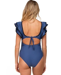 Pinkblush Women's Blue Color Blocked Ruffle Shoulder Cutout Back One Piece Swimsuit