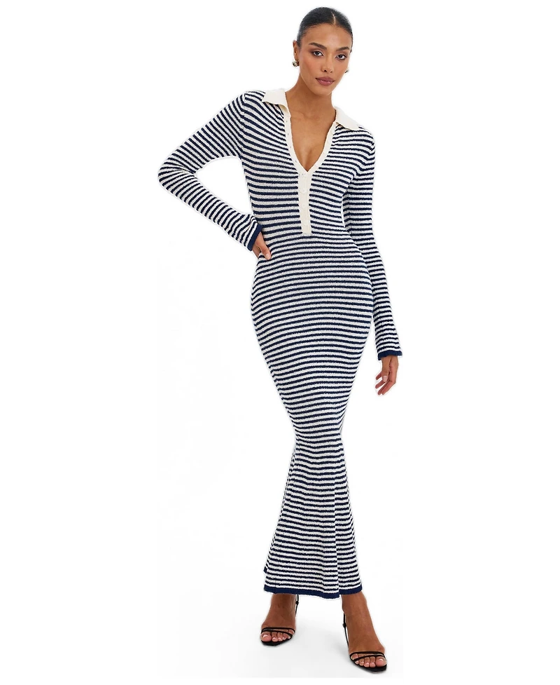 Miss Circle Women's Xelie Navy and White Cotton Terry Knit Mermaid Maxi Dress