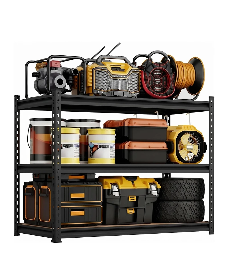 36 Inch 3-Tier Heavy Duty Storage Rack with Carbon Steel Frame and Engineered Wood Shelves, Garage Shelving Unit, Matte Black