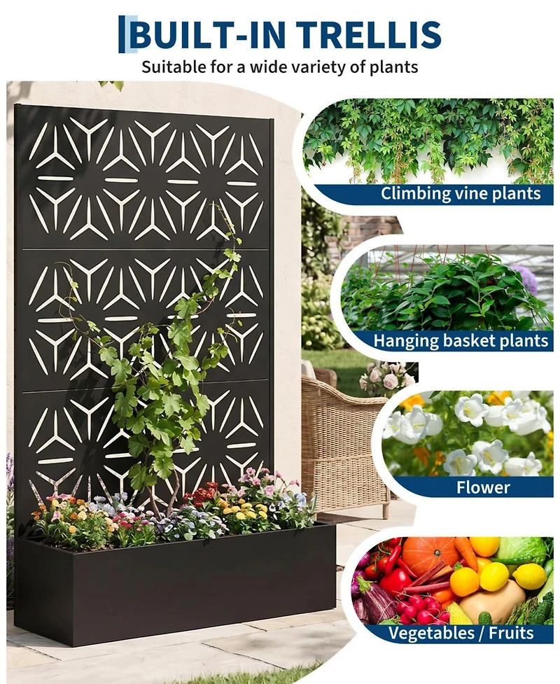 44 x 71 16 Steel Privacy Screen Planter Box, Decorative Metal Plant Holder for Backyard Patio Garden, Black