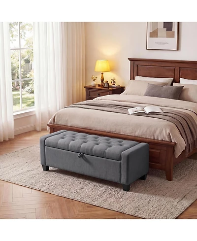 51 in. Upholstered Storage Bench with Lift-Up Seat, Linen Fabric Bed Bench with Hidden Storage, Rubberwood Legs for Bedroom Entryway, Gray