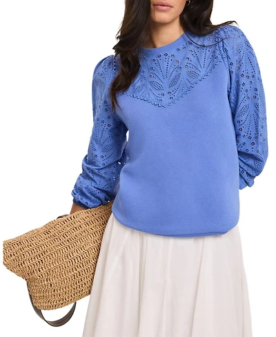 Mint Velvet Women's Cotton-Blend Broderie Blouson-Sleeve Sweatshirt