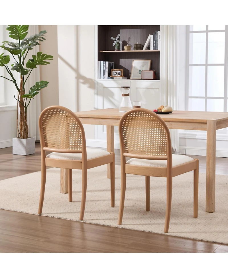Flynama Set of 2 Rattan Back Linen Dining Chairs, Solid Wood Leg Teddy Cushion 275lbs Capacity