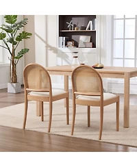 Flynama Set of 2 Rattan Back Linen Dining Chairs, Solid Wood Leg Teddy Cushion 275lbs Capacity