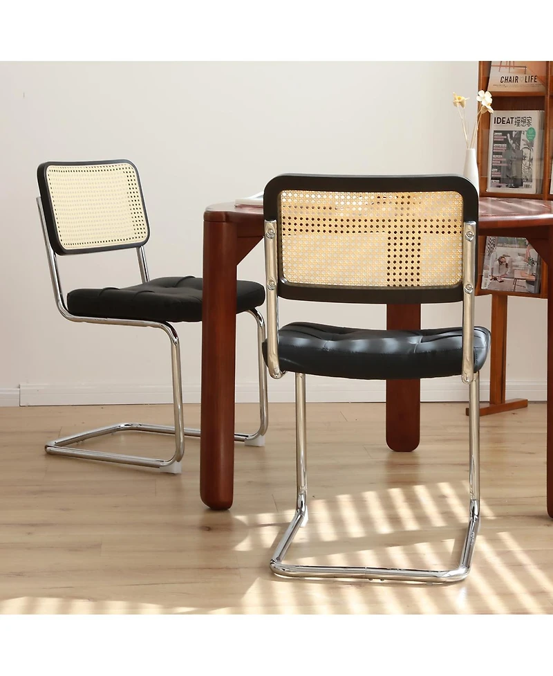 Flynama Dining Chairs Set of 2, Faux Leather Rattan Side Accent Chairs with Chrome Legs, Modern Mid Century Breuer Designed Chairs